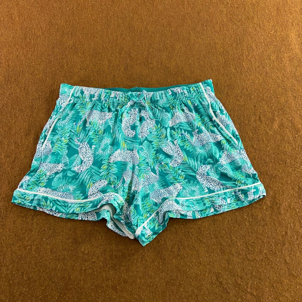 Room Service Womens Medium Teal Green Tropical Leopard Print Pajama Shorts New